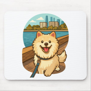 Happy Samoyed Walk by the City Waterfront Mouse Mat