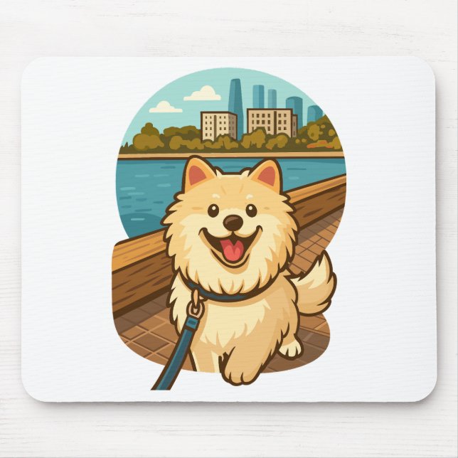 Happy Samoyed Walk by the City Waterfront Mouse Mat (Front)