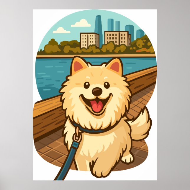 Happy Samoyed Walk by the City Waterfront Poster (Front)