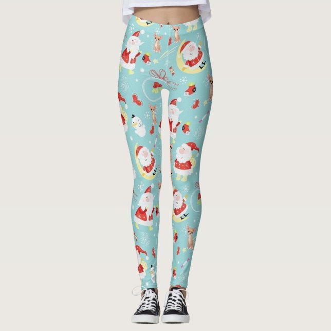 Happy Santa And Frosty And Chihuahua Leggings (Front)