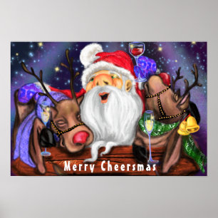 Happy Santa and Reindeers Christmas Party - Cheers Poster