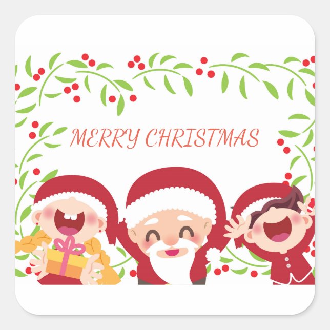 Happy Santa Claus And Children Square Sticker (Front)
