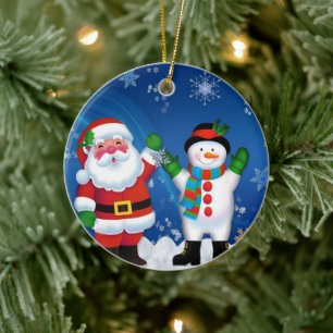 Happy Santa Claus and Snowman Ceramic Tree Decoration
