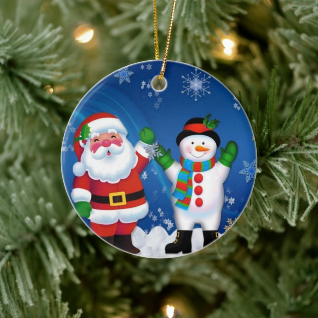 Happy Santa Claus and Snowman Ceramic Tree Decoration (Tree)