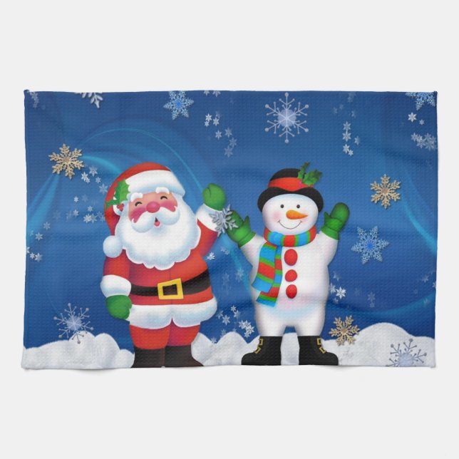 Happy Santa Claus and Snowman Tea Towel (Horizontal)