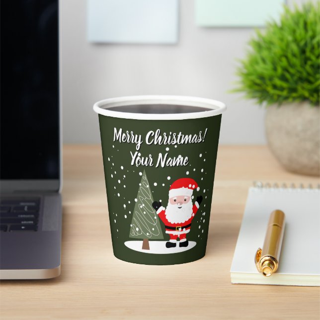 Happy Santa Claus cartoon with Christmas tree Paper Cups (Insitu)