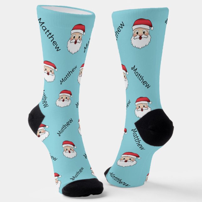 Happy Santa Claus Heads With Custom Name Pattern Socks (Angled)
