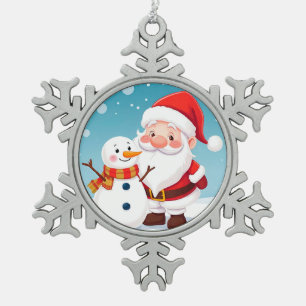 Happy Santa Claus in Snowy Winter Scene Snowflake Pewter Christmas Ornament