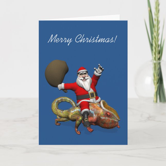 Happy Santa Claus On Huge Panther Chameleon Holiday Card (Front)