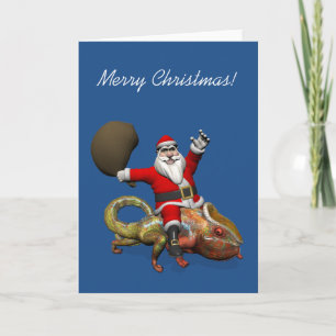 Happy Santa Claus On Huge Panther Chameleon Holiday Card