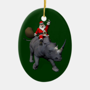 Happy Santa Claus On Rhino Rhinoceros Ceramic Tree Decoration
