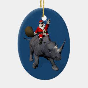 Happy Santa Claus On Rhino Rhinoceros Ceramic Tree Decoration
