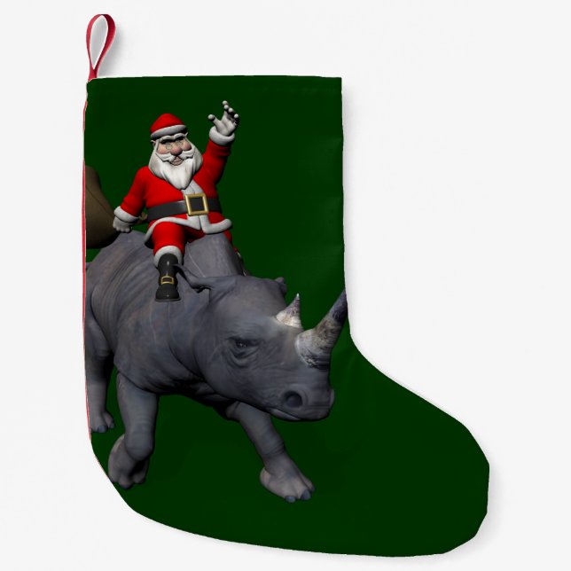Happy Santa Claus On Rhino Rhinoceros Small Christmas Stocking (Front)