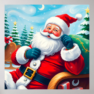 Happy Santa Claus Relaxing in Festive Sleigh Poster