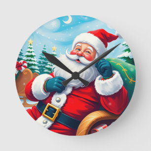 Happy Santa Claus Relaxing in Festive Sleigh Round Clock