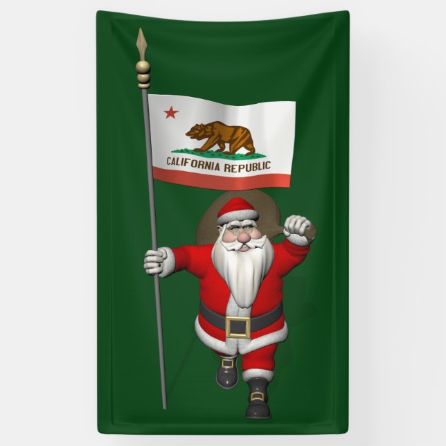 Happy Santa Claus With Flag Of California Banner (Vertical)