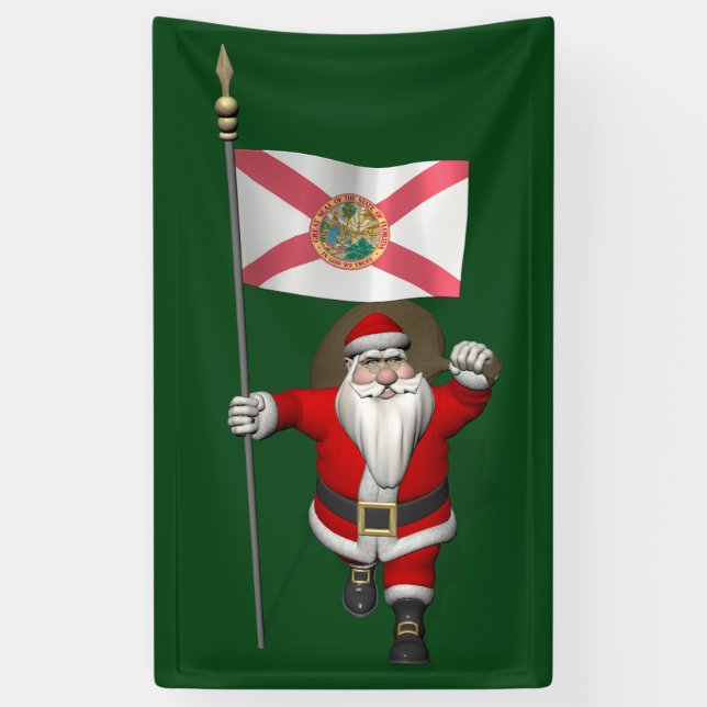 Happy Santa Claus With Flag Of Florida Banner (Vertical)