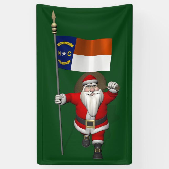 Happy Santa Claus With Flag Of North Dakota Banner (Vertical)