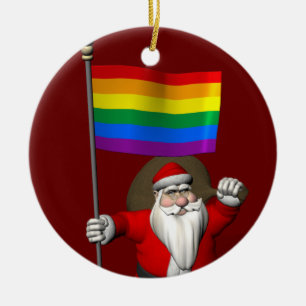 Happy Santa Claus With Gay Pride Rainbow Flag Ceramic Tree Decoration