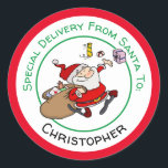 Happy Santa Delivering Christmas Presents Classic Round Sticker<br><div class="desc">A Christmas gift tag with a happy cartoon style Santa throwing around presents,  with the customisable text "Special Delivery From Santa To:" and then you can add the recipent's name.</div>