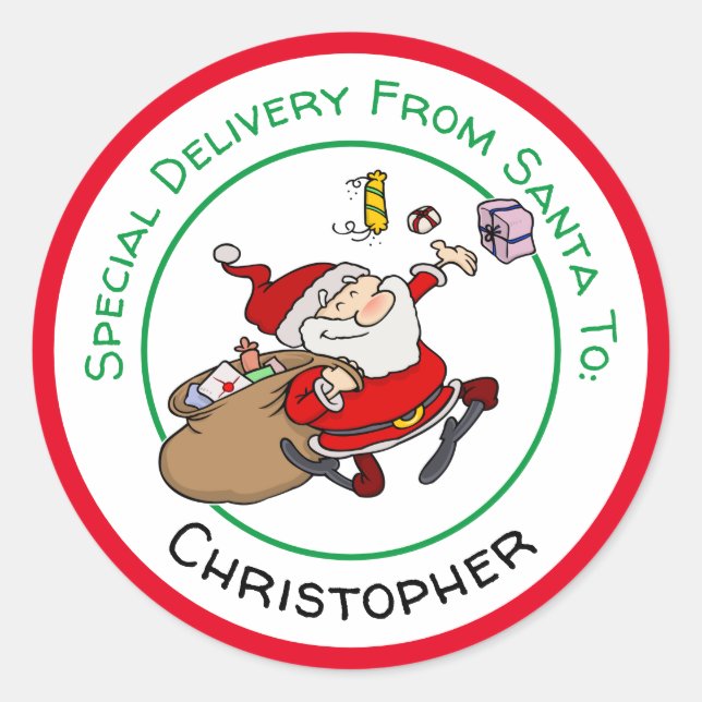 Happy Santa Delivering Christmas Presents Classic Round Sticker (Front)