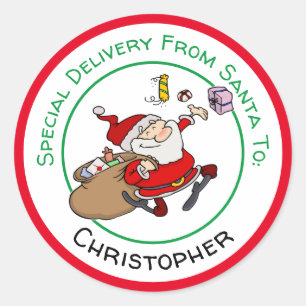 Happy Santa Delivering Christmas Presents Classic Round Sticker