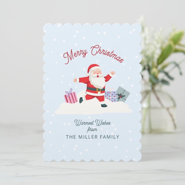 Happy Santa, light blue Christmas card (Standing Front)