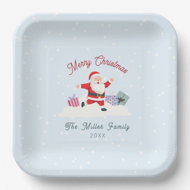 Happy Santa, light blue Christmas Paper Plate (Front)