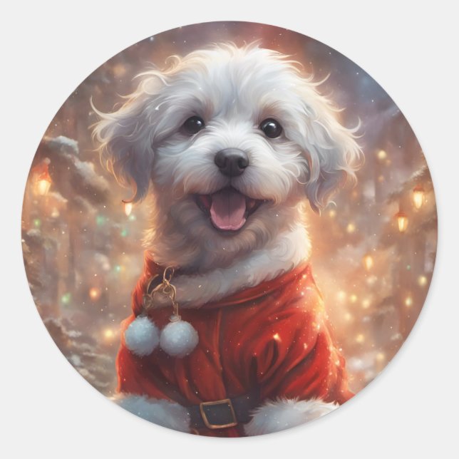 Happy Santa Puppy, Holiday Dog  Classic Round Sticker (Front)