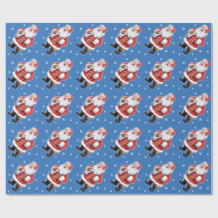 Happy Santa wrapping paper on blue