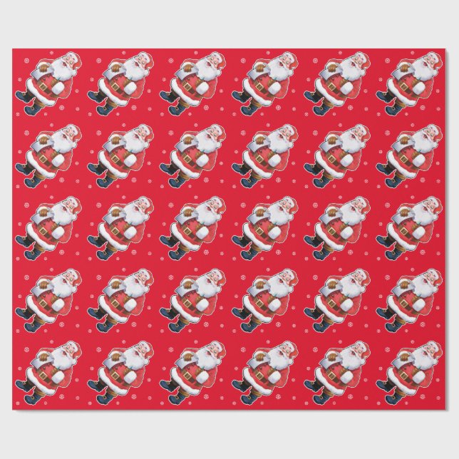 Happy Santa wrapping paper on red (Flat)