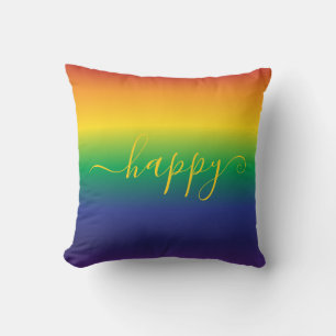 Happy Saying Rainbow Colourful Stripes Throw Pillo Cushion