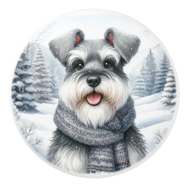 Happy Schnauzer in a Scarf Winter Art Ceramic Knob (Front)