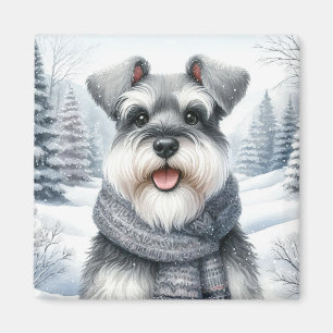 Happy Schnauzer in a Scarf Winter Art Magnet