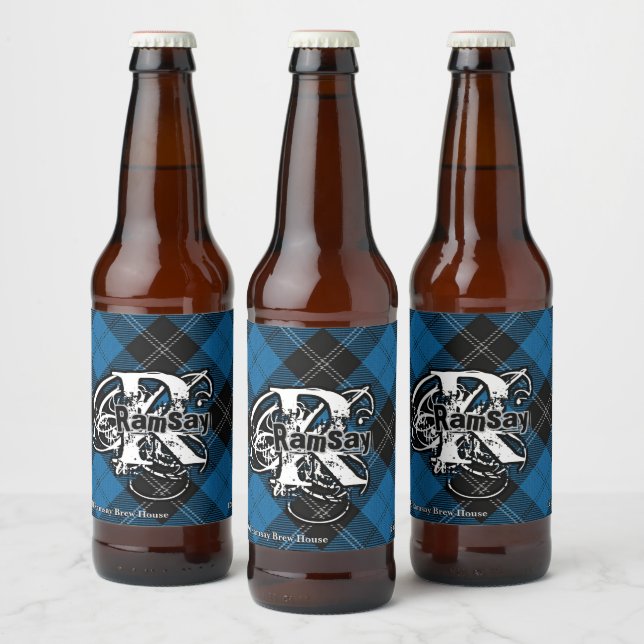Happy Scotsman Clan Ramsay Blue Tartan Monogram Beer Bottle Label (Bottles)