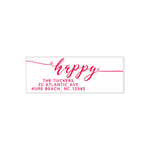 HAPPY Script Simple Red Holiday Return Address Self-inking Stamp