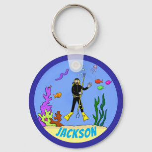 Happy scuba diver and fish cartoon keychain