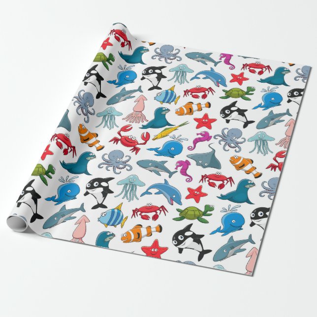 Happy Sea Creatures Wrapping Paper (Unrolled)