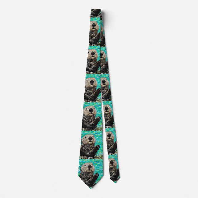 Happy Sea Otter painting Neck Tie (Front)