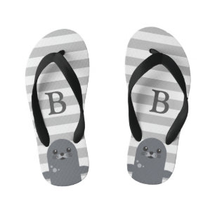 Happy Seal and Grey Stripes Monogram Kid's Kid's Flip Flops