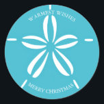 Happy Seashore | Beach Sand Dollar Christmas Classic Round Sticker<br><div class="desc">Beach theme envelope seals feature a tropical turquoise blue and white sand dollar seashell and two lines of text that can be personalised with your preferred holiday greetings (shown with "Warmest Wishes and "Merry Christmas"). Perfect for beach,  tropical,  island,  nautical and coastal Christmas themes. Original artwork KL Stock.</div>