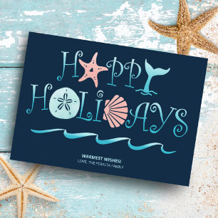 Happy Seashore Beach Seashell Navy Christmas Holiday Card