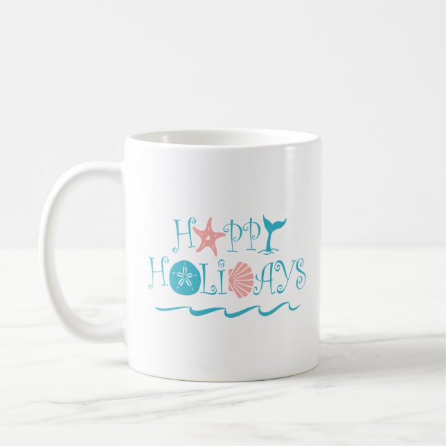 Happy Seashore Beach Seashell Typography Christmas Coffee Mug (Left)