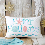Happy Seashore Beach Seashell Typography Christmas Decorative Cushion<br><div class="desc">Tropical beach theme Christmas pillow features whimsical "Happy Holidays" seashell,  whale tail and ocean waves typography with a nautical pattern on the reverse side in white,  turquoise and coral. Perfect for coastal themes and locales. Original artwork KL Stock.</div>