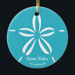 Happy Seashore | Tropical Beach Seashell Christmas Ceramic Tree Decoration<br><div class="desc">Beach theme Christmas ornament features a tropical turquoise blue and white sand dollar seashell with a festive "Warm Wishes" holiday greeting. You can personalize both lines of text for a unique holiday gift or for your own tree. Perfect for beach lovers and tropical, nautical and coastal holiday decor themes. Original...</div>