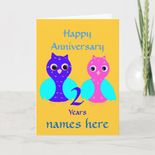 Happy Second Anniversary Cute Owl Couple Customise Card
