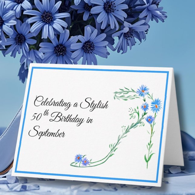 Happy September 50th Birthday Blue Aster Flowers Card (Creator Uploaded)