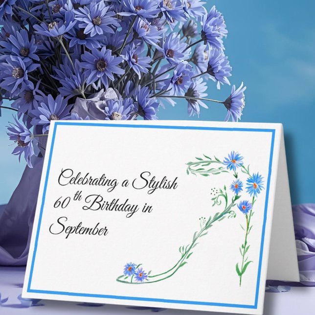 Happy September 60th Birthday Blue Aster Flowers Card (Creator Uploaded)