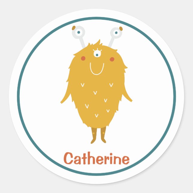 Happy shaggy furry orange monster three eyeballs classic round sticker (Front)