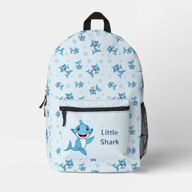  Happy Shark Family patterned Blue Printed Backpack (Front)